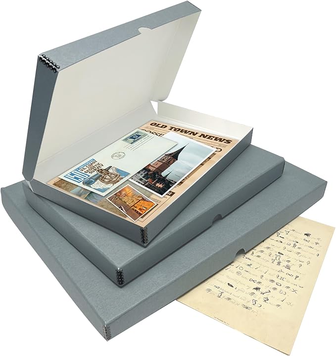 Lineco Folio Storage Box, Clamshell Design with Metal Edge. 11.5x17.5x1.75 Inches, Archival Boxboard, Preserve Photos, Cards, Magazines, Documents, Art, Ephemera, Family Records, Gray, Pack of 1