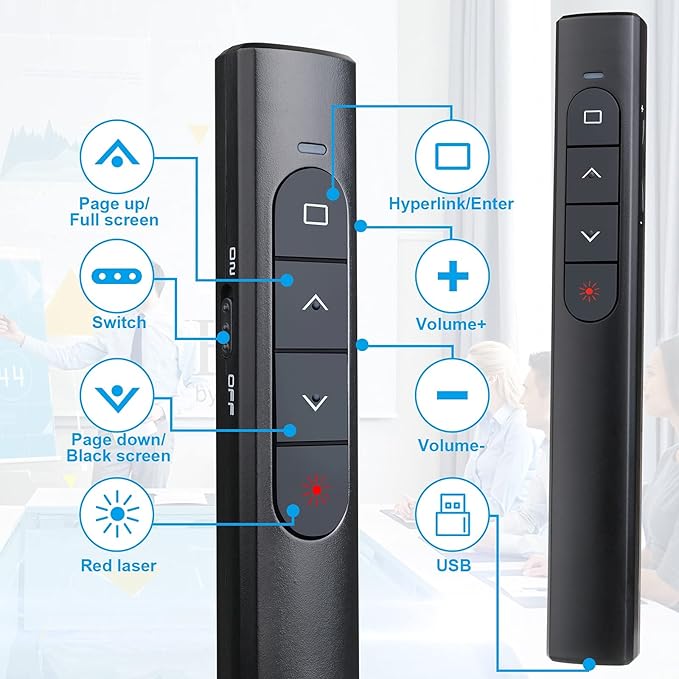 Presentation Clicker with Case,Wireless Presenter Remote with Laser Pointer Hyperlink & Volume Remote Control PowerPoint Office Presentation Clicker for Keynote/PPT/Mac/PC/Laptop(Battery Included)