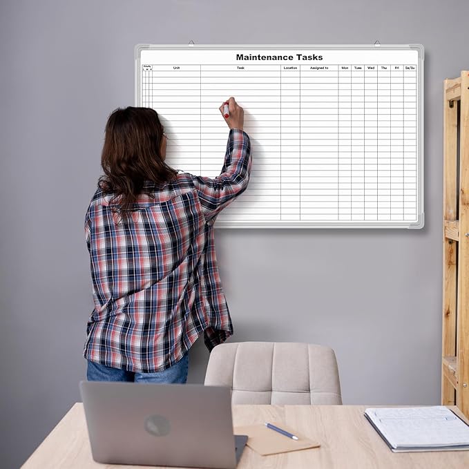 Lined Whiteboard Blank Grid Aluminum Frame Dry Erase Board Reusable Wall Mounted Board for Scheduling, to Do Lists Weekly Planning Home Work (36 x 24 Inch,Horizontal Maintenance Tasks)
