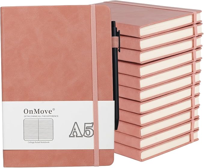 OnMove Notebooks Journal for Women Men 12 Pack Leather Hardcover with Pen Holder A5 160 Pages 100 GSM Thick Paper for Work School Lined Pink