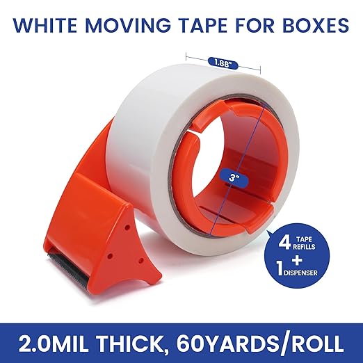 TAPEBEAR White Packing Tape with Dispenser, 1.88 Inch x 60 Yards Packaging Tape, 4 Refills Rolls Decorative Moving Tape for Boxes, Shipping and Sealing