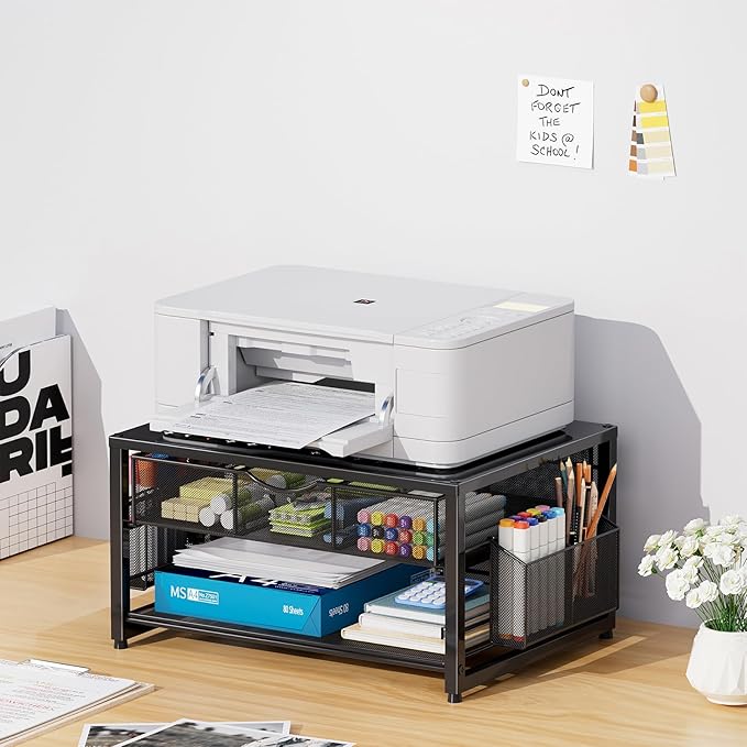Marbrasse Metal Printer Stand for Desk with Storage Drawer and 2 Pen Holders, 2-Tier Desktop Organizer Printer Table for Home Office, Multi-Purpose Desk Organizer for Fax Machine Scanner Files(Black)