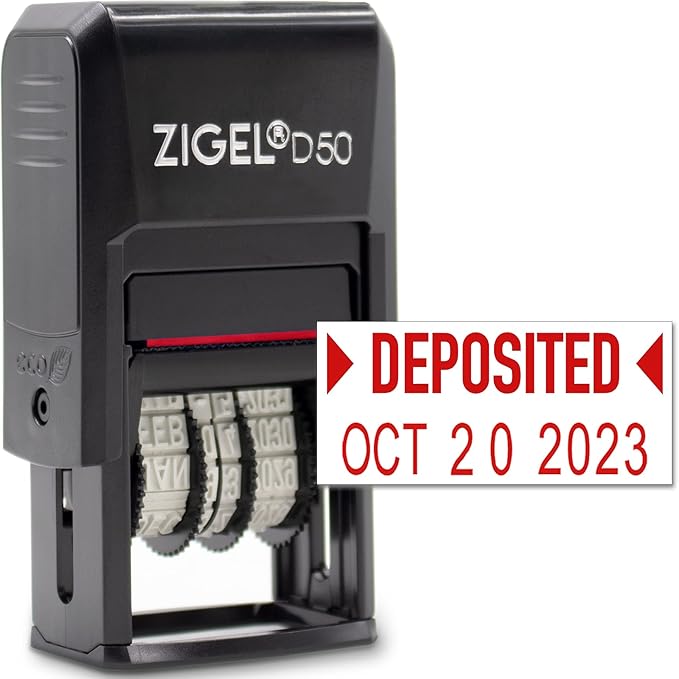 ZIGEL D50 Date Stamp with DEPOSITED - Self Inking Date Stamp - Red