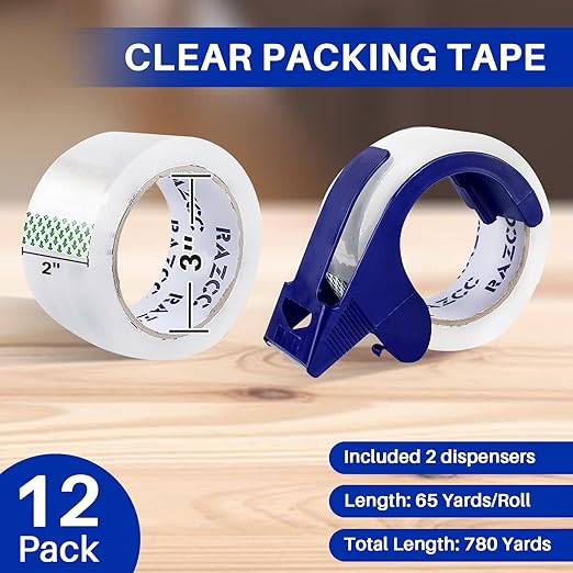 RAZCC Clear Packing Tape, 12 Rolls Heavy Duty Packaging Tape with Dispensers for Packing Shipping Moving and Sealing, Thicker Packing Tape-2" x 65 Yards Per Roll, 780 Total Yards