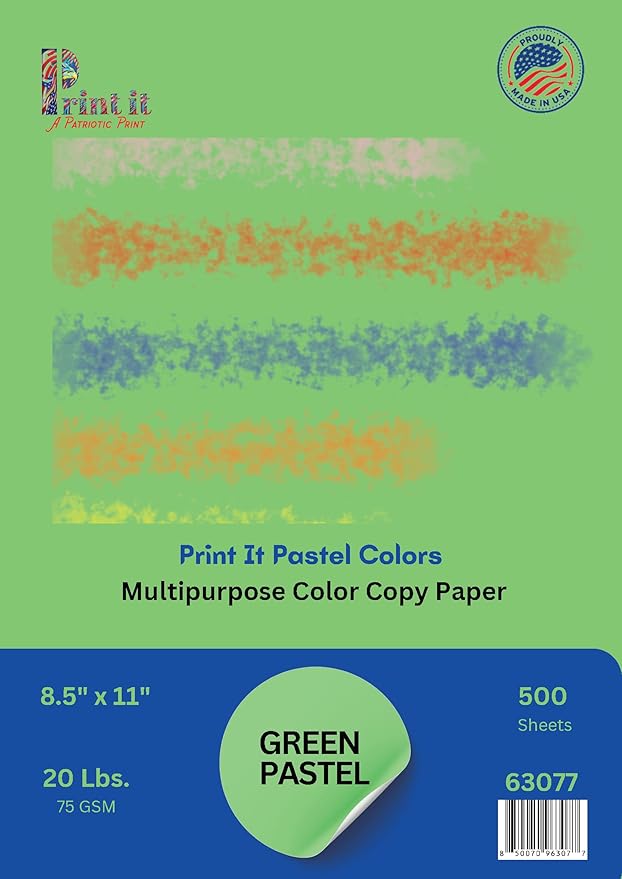 PrintIt Colors Multipurpose Paper, 20 lbs., 8.5" x 11", 500 Sheets/Ream – Premium Colored Copy Paper for Printing, School, and Office Use (Green)