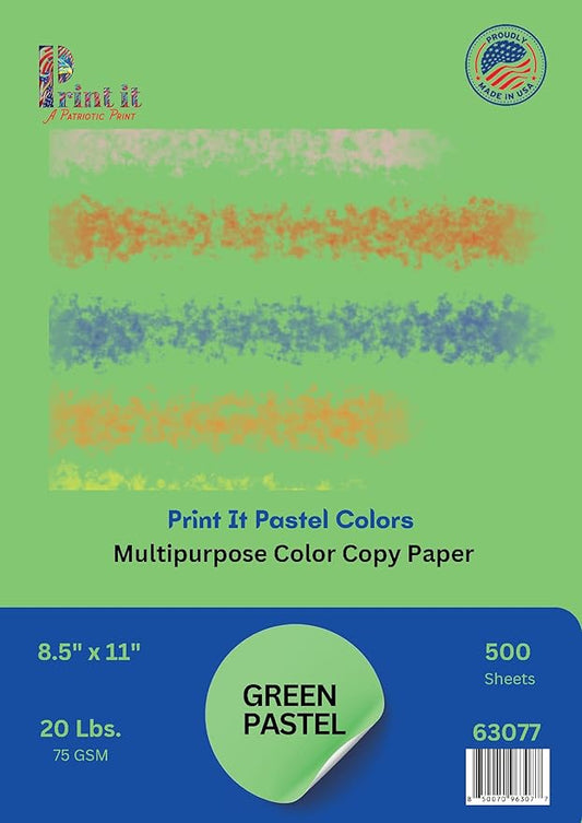 PrintIt Colors Multipurpose Paper, 20 lbs., 8.5" x 11", 500 Sheets/Ream – Premium Colored Copy Paper for Printing, School, and Office Use (Green)