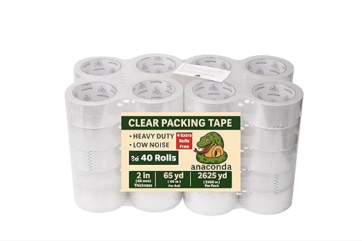 AnacondaGrip 40 Rolls Clear Packing Tape – Heavy Duty 2” Wide x 65 Yards per Roll, 2625 Total Yards | Shipping, Moving & Storage Box Sealing