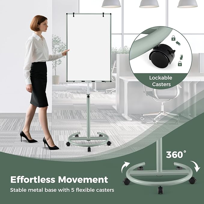 Goplus 40” x 26” Rolling Whiteboard, Height Adjustable Magnetic Dry Erase Board on Wheels with Round Stand, Paper Clips, Storage Tray, Paper Pad, Magnets, Markers, Mobile White Board for Office School
