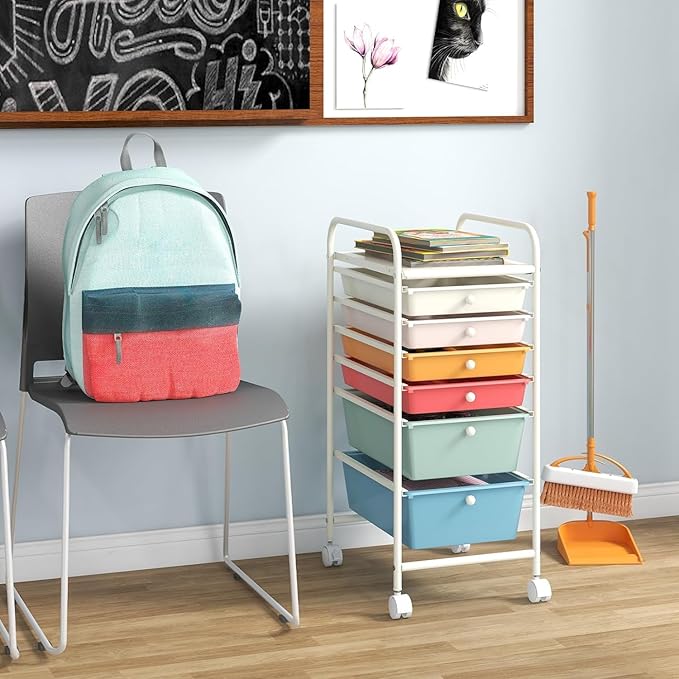 RELAX4LIFE 6-Drawer Rolling Storage Cart - Classroom Organization on Wheels w/Removable Plastic Drawers, Mobile Art Craft Cart for School Paper Home Office, Utility Cart with Drawers (Macaron)