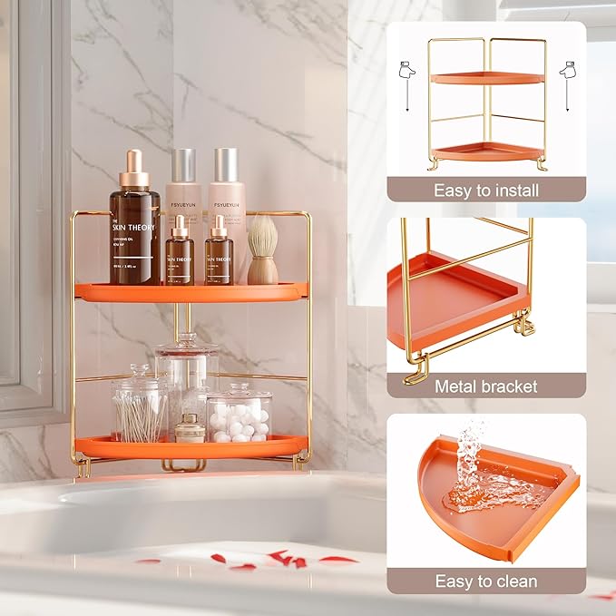 FSyueyun 2-Tier Corner Bathroom Counter Organizer, Tool-Less Installation Corner Vanity Organizer Small Plastics Countertop Makeup Tray Skincare Perfume Organizers (Gold & Orange)