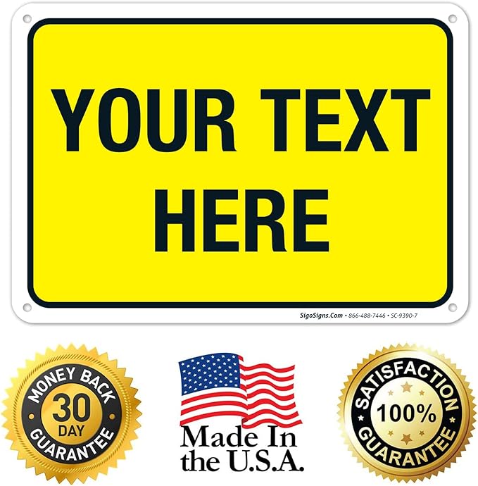 Personalized Custom Yellow Background Customize for Office, Business, Workplace, Home, Airbnb, Delivery Sign, 10x7 Inches, Rust Free .040 Aluminum, Fade Resistant, Made in USA by Sigo Signs