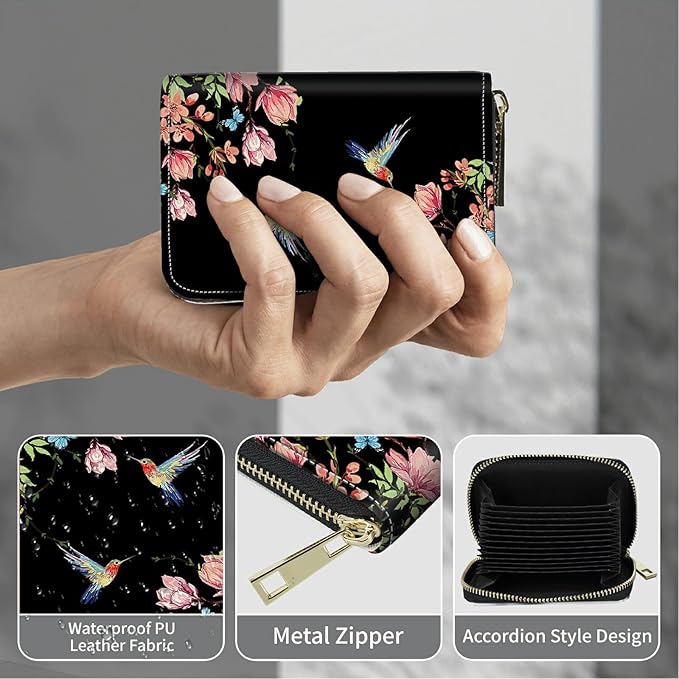 BWEGRHE Cute Credit Card Holder with Zipper, Hummingbird Floral Sakura RFID-Blocking Card Case Small Wallet for Women Men, Multi-slot Card Organizer Case Travel Accordion Wallet