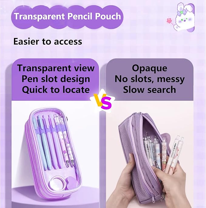 UINSUE Cute Pen case Adorable Bunny Transparent 3-Layer Large Capacity Pencil Case Gadget organizer with Lovely Stickers (Purple-Doggy)