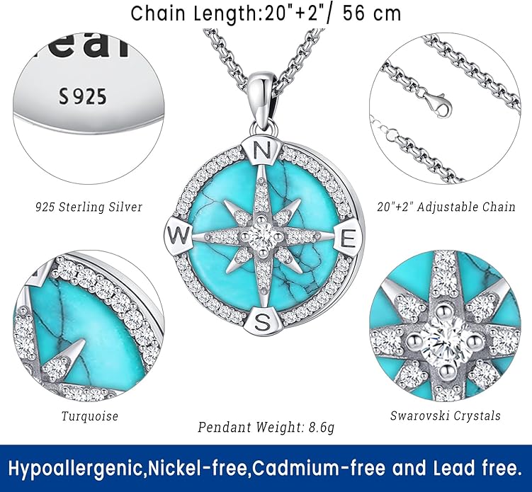 Compass Necklace for Women Men 925 Sterling Silver Pendant Urn Necklaces for Ashes Picture Locket Necklace Anchor Necklace Viking Necklace Crystals CZ Moonstone Abalone Shell Turquoise Compass Jewelry