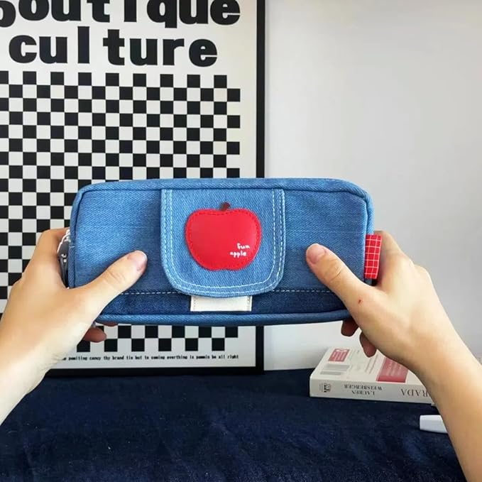 Haumei Canvas Pencil Case Large Capacity, Big Denim Pen Pouch with Zipper, Cute Durable Portable Stationary Storage Bag Organizer for Adults Women, Light Blue, Apple