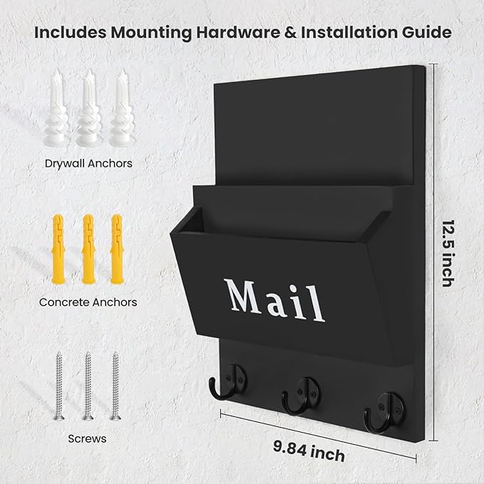 Lucundm Mail and Key Holder - Decorative 9.8" x 12.5" Wall Key Hanger with 2 Mail Organizer Slots and 3 Hooks - Real Paulownia Wood with Keyhole Brackets, Hardware and Instructions (Black)