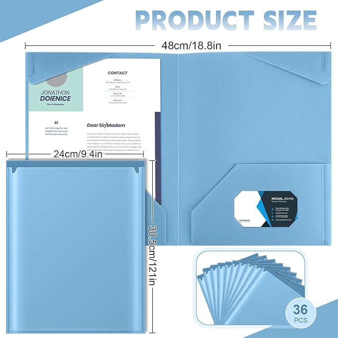 Henoyso 36 Pcs Plastic Folders with Clear Front Pockets Heavy Duty File Folders with 2 Pockets and Card Slot for Student Communication School Office Presentation Report (Dusty Blue)