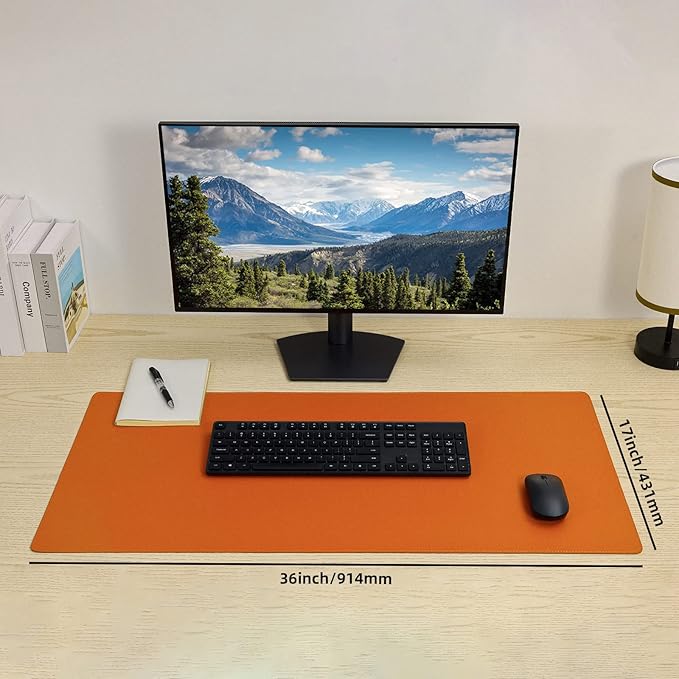 Wolaile PU Leather Desk Pad Blotter,Waterproof Orange Office Desk Mat for Women,Non-Slip Writing Desk Protector Large Mouse Pad,36x17inch