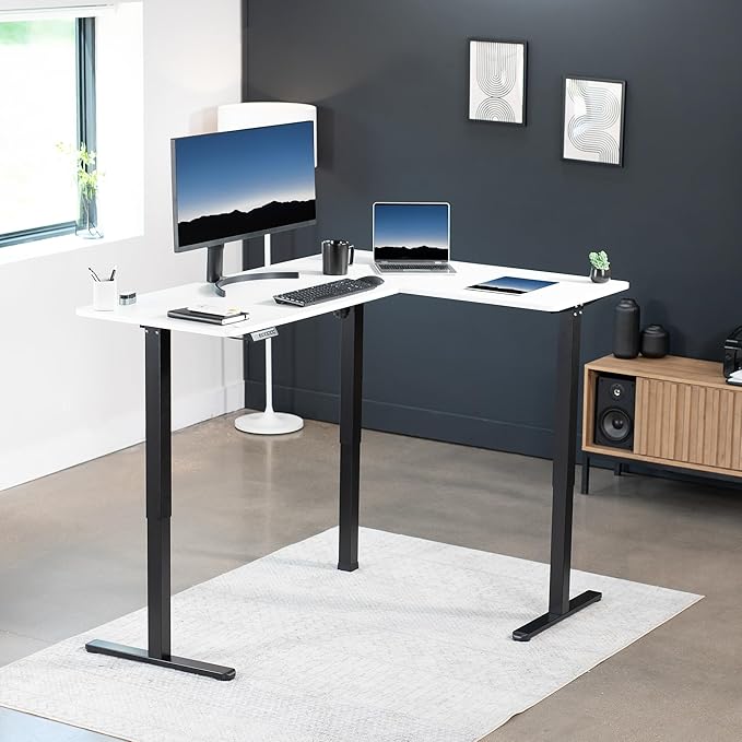VIVO Electric Corner 63 x 47 inch L-Shaped Standing Desk, Memory Height Adjustment, White Top Black Frame, DESK-E3CTBW-47