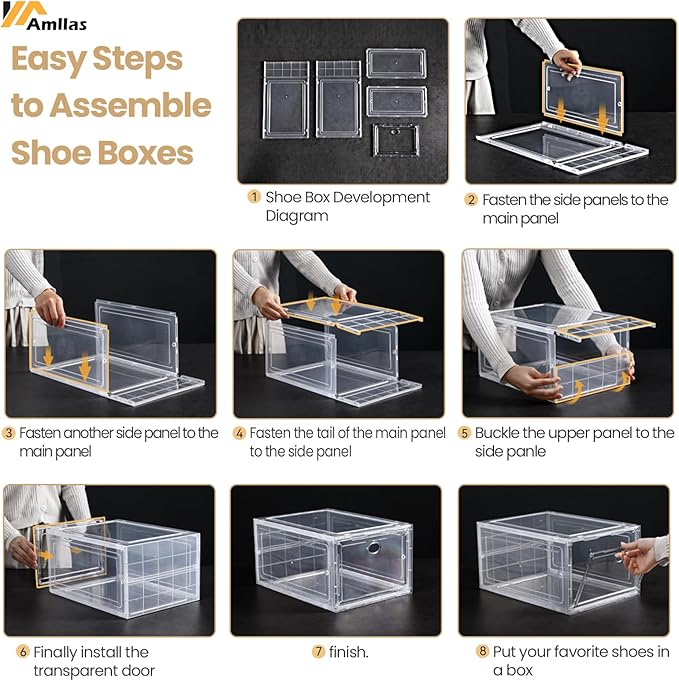 Amllas 12 Pack Clear Shoe Boxes Stackable,Shoe Storage Boxes for Closet,Sturdy Shoe Box Storage Containers with Clear Door,Sneaker Storage,Easy to Assemble,Fit up to US Size 12(13.8”x 9.84”x 7.1”)