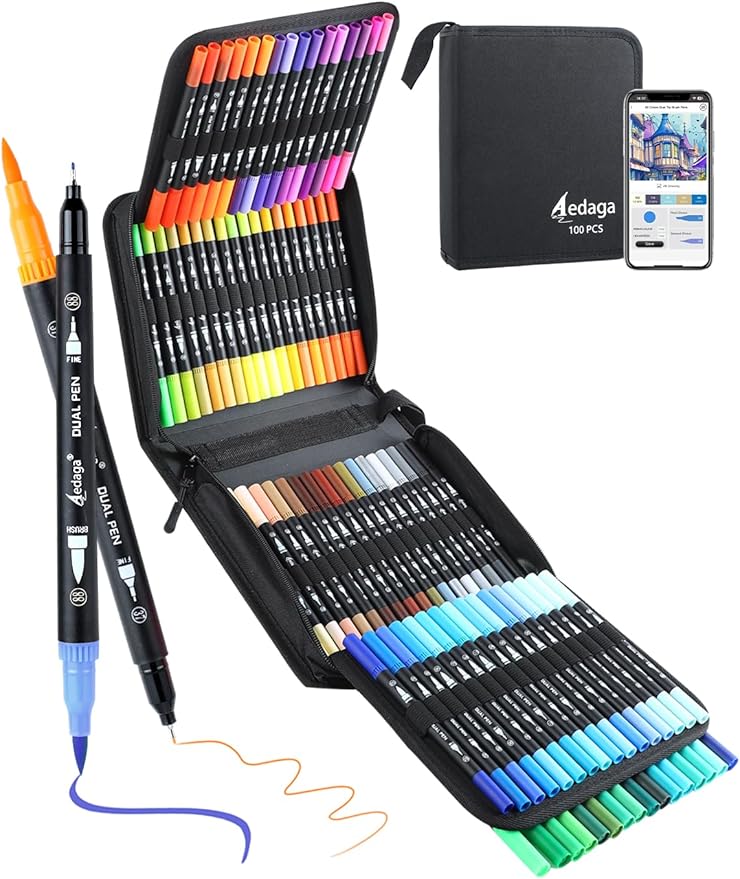 AEDAGA 100 Colors Numbered Dual Tip Brush Pens with Free App, Fine and Brush Tips Pens for Adults, Coloring Markers for Coloring Book Bullet Journaling Note Taking Planner Hand Lettering