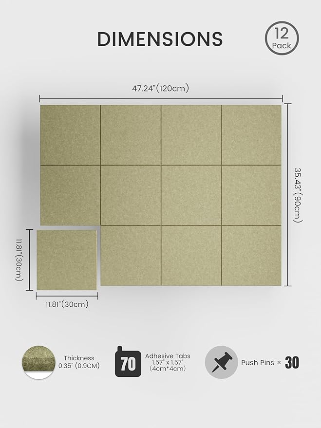 Bumusty Large Cork Board 47"x35" Alternative - 12 Pack Felt Wall Tiles with 70 Safe Removable Adhesive Tabs, 30 Pushpins, Cork Boards for Walls Pin Board Bulletin Board Office Decor (Olive Green)