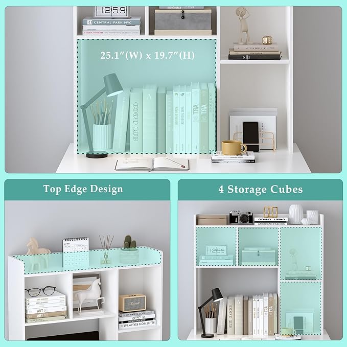 OSCHF Wooden Desktop Hutch Bookshelf - Free Standing Desk Storage Shelf with Top Edge for Computer Desk, Desktop Bookcase for Dorm, Home or Office, Countertop Organizer, White, 37.4"