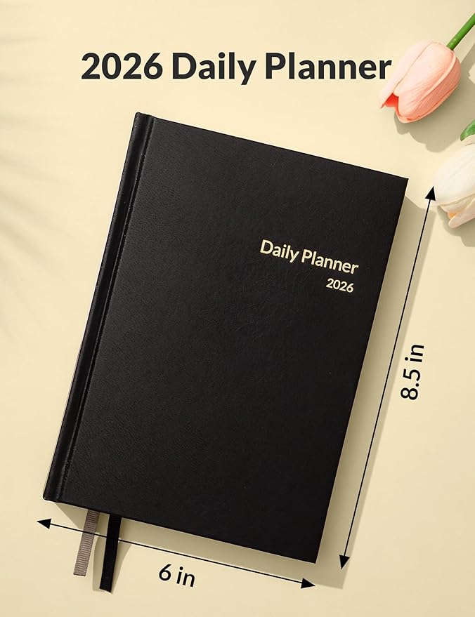 SUNEE 2026 Daily Planner A5 Hardcover – Hourly Schedule Organizer with Monthly Tabs & Task Tracker – Black Cover Time Management Notebook for Work, School, Personal Goals