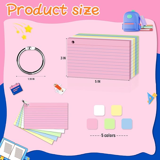 250 Count 3 x 5 Inch Colored Index Cards, Ruled Note Cards with Ring, Lined Flash Cards for Office Supply, Portable Note Taking Study Flashcards for Home and School