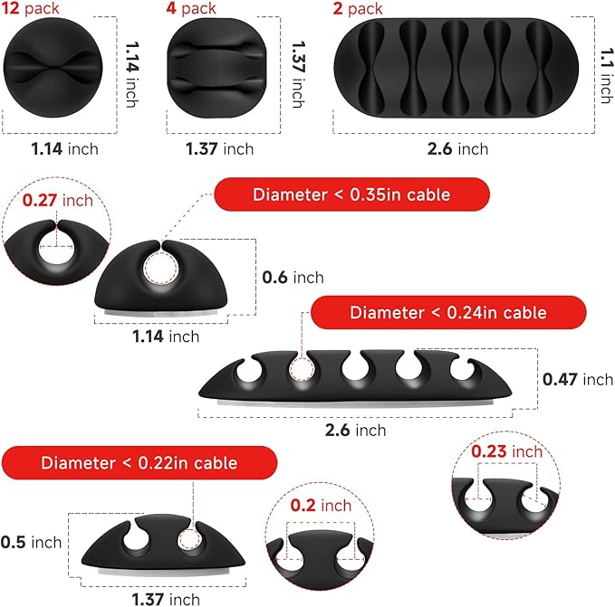 Flezoo Cable Clips Cord Holder - 18 PCS Black Adhesive Phone Cord Organizer Charger Holder Cable Wire Management Clips Keeper for Nightstand, Desk, Office or Mouse