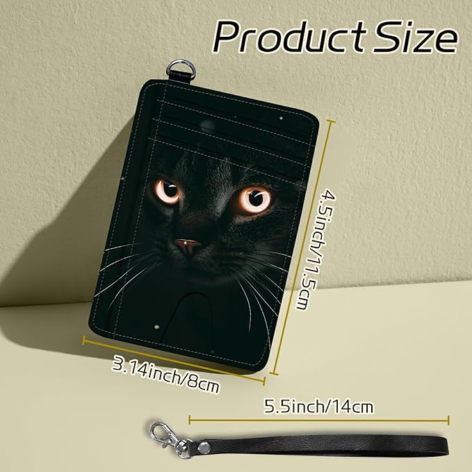 BWEGRHE Small Travel Wallets, Black Cat Glitter Slim Minimalist Front Pocket Wallet with Wristlet, RFID Blocking PU Leather Credit Card Holder with ID Window Change Purse for Men Women