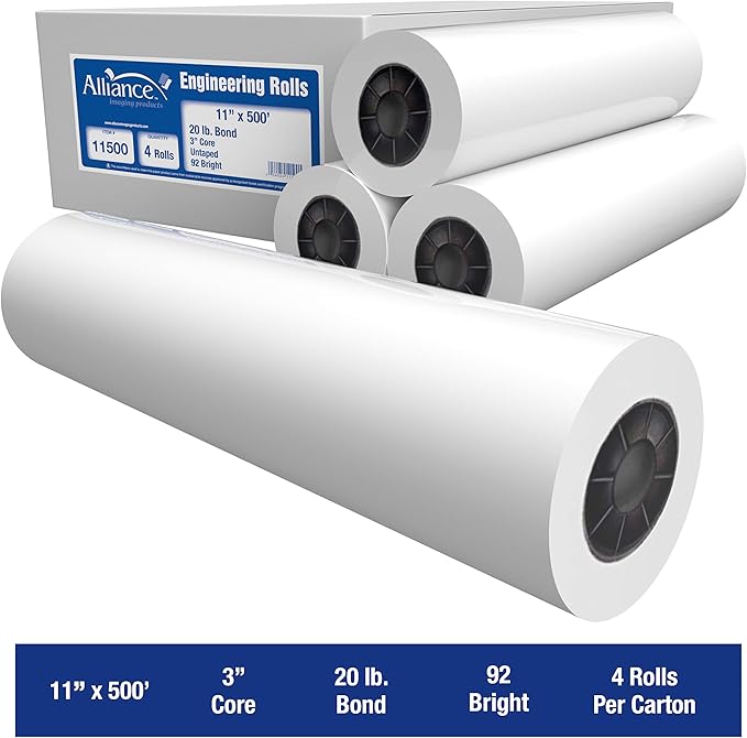 Alliance Wide Format Paper Rolls Bond Engineering (20lb | 4 Rolls, 11 In x 500 Ft | 3" Core)