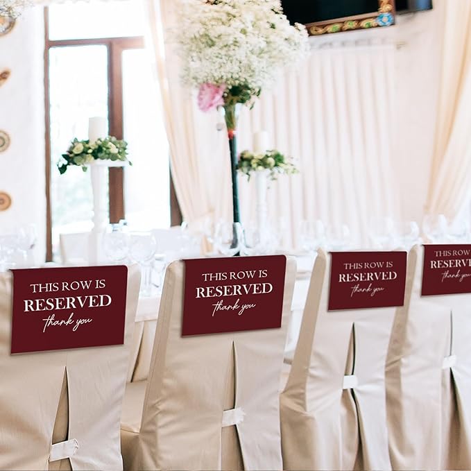 ChissNook Reserved Seating Chair Signs, This Row Is Reserved Pew Cloths Seating Placeholder for Church Pews, Burgundy Wedding Decorations for Reception Parties Celebrations Event (Burgundy, 4 PCS)