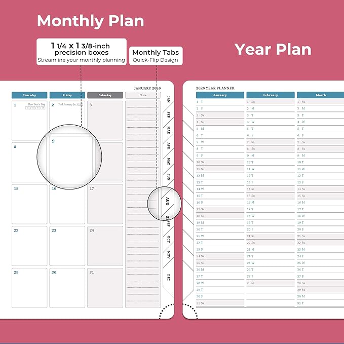 IN-LUXPRO Planner 2026 Daily Weekly and Monthly,8.5"x6.5",12 Months Spiral Bound Calendar Agenda with Self-adhesive Pen Holder,2026 Appointment Book with Vegan Leather Soft Cover,Rose Red