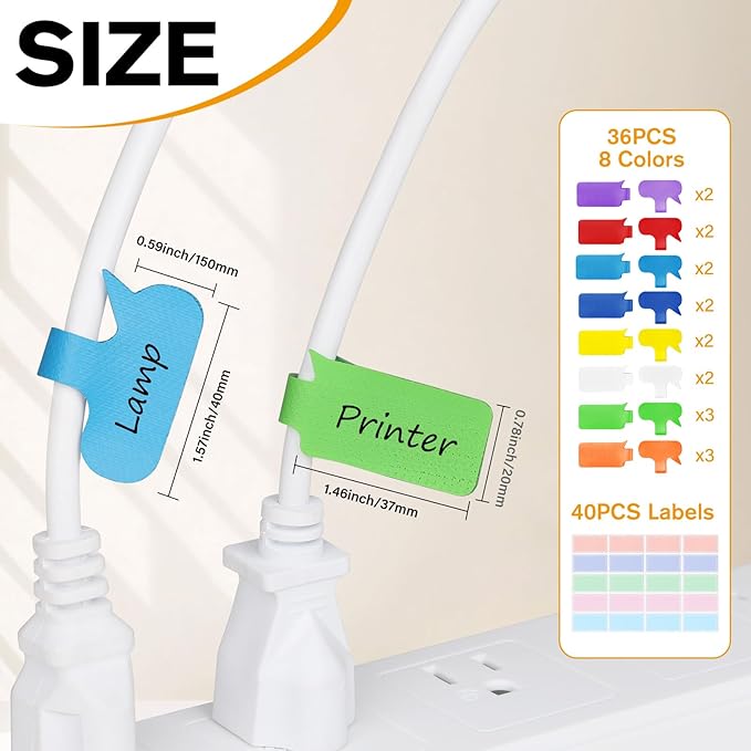 SummerBrite 36-Pack Large Cable Labels with 40 Write-On Stickers, Reusable 8-Color Wire Tags for Electronics, Cord ID & Cable Management for Home Office, PC Network - Rectangle & Oval