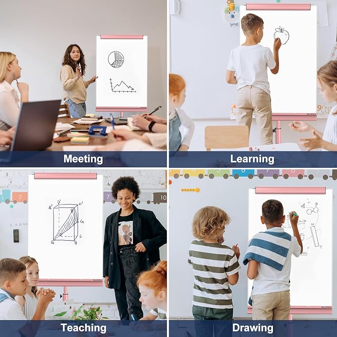 TSJ OFFICE Rolling Whiteboard Standing - 40 x 26 Inches Magnetic Mobile White Board with Stand, Height Adjustable Dry Erase Board on Wheels with Paper Clamp on Top, Pink
