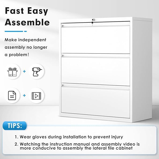 Pataku Metal Lateral File Cabinet with Lock, Steel Filing Cabinet 3 Drawer, Locking Office Home Wide Organization File Cabinets for Hanging Files Letter/Legal/F4/A4 Size, (White-3Drawer)