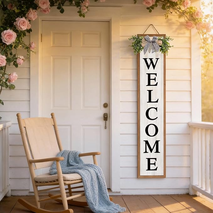 Double-sided Welcome Wooden Sign Stand with Magnetic-adhesive Wreath for Front Door, 47" Vertical Farmhouse Home Sweet Home Porch Sign for Outdoor Patio Garden, 2in1 Large Tall Porch Leaner Decor