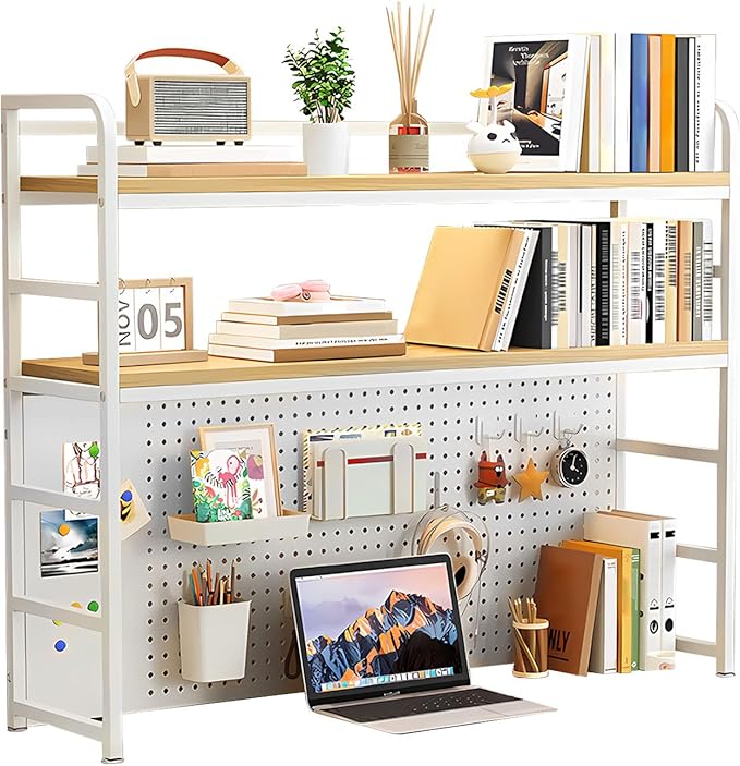 ZWCQSYS 2-Tier Desktop Bookshelf Hutch - Metal Desk Shelf Bookcase with Desk Pegboard Countertop Storage Organizer Rack for Dorm or Office (A, 70cm/27.5in)