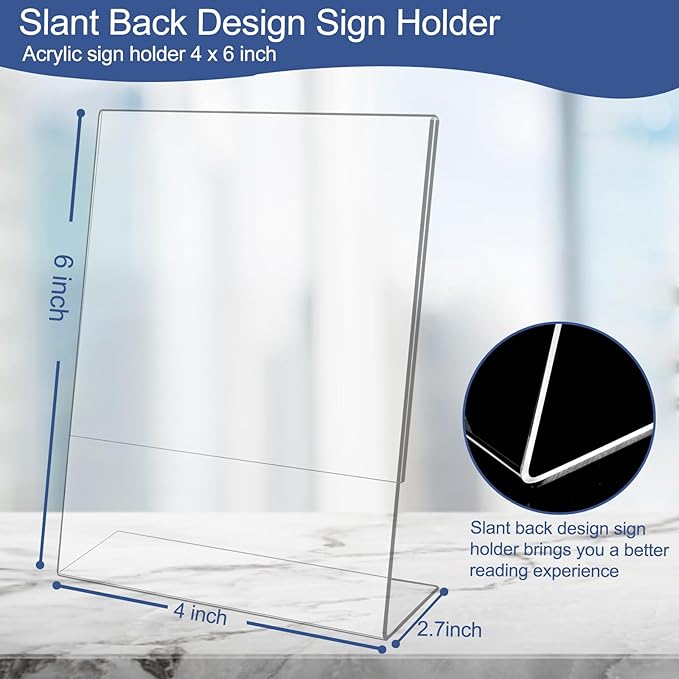 Wbtran Slanted Back Acrylic Sign Holder 4 x 6, Clear Tabletop Stands for Display, Plastic Paper Sign Holders for Office, Home, Restaurant (6 Pack)