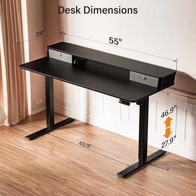 Kingant 55 x 24 Inch Electric Standing Desk with Dual Drawers, Height Adjustable Sit to Stand Computer Desk with Storage Shelf and C-Clamp Mount Compatibility for Home Office, Black
