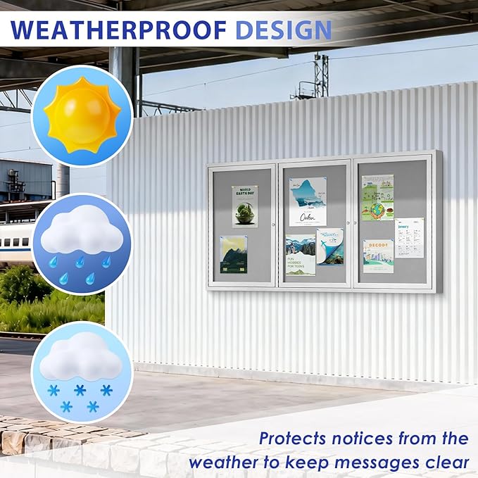 SWANCROWN Weather Resistant Enclosed Bulletin Board Gray Fabric Displays Boards Wall Mounted Notice Cabinet with Three Locking Doors, 70x36 inches