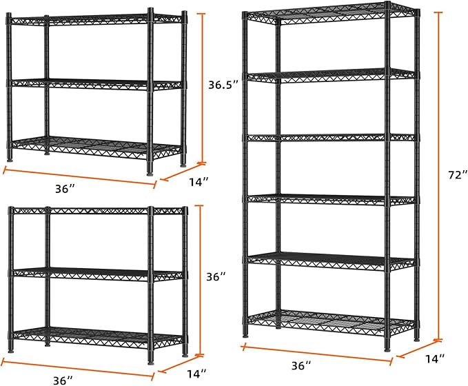 SINGAYE 6 Tier Shelf Organizer Storage Metal Shelves Garage Wire Shelving Unit Pantry Rack Shelves Bathroom Organizers and Shelf Closet Metal Kitchen 36" Dx14 Wx72 H Black