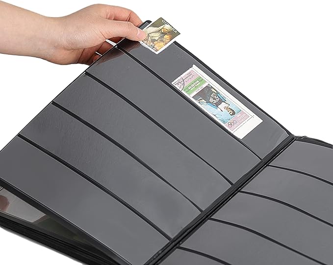 Stamp Albums 100 Pockets - Stockbooks with 50x197mm Sleeves, 10 Double Sided Black Page with Leatherette Padded Black Cover, Collection Storage Folder for Paper Money Postage Stamps AS0105BK