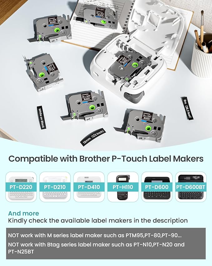 6-Pack Label Maker Tape 12mm 0.47" Black Tze-335 Replacement for Brother P Touch Label Tape TZe335 TZ-335, Compatible with Brother Ptouch PT-D210 PT-H110 PT-D220 PT-D400, White on Black