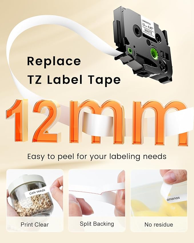 Colorty Replace for Brother Tape Cassette P Touch Label Tape 12 mm 0.47 Laminated White Tz TZe-231 Label Maker Ptouch Refills for PT-D400 D410 H100 1090 1290 1880 1750 2040 12mm x 8m, 8-Pack