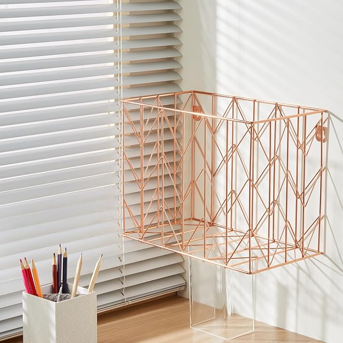 Fei Bi 1 Pack Metal Hanging Rose Gold File Organizer, Basket, Box, Storage Box, Office and School Supplies Organizer
