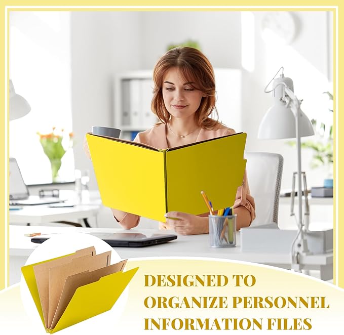 12 Pcs Classification Folders Letter Size 3 Pocket Dividers Employee File Folder with 2 Prongs Fasteners, 2 in Expansion Heavy Duty Pressboard File Holder for School Office Medical Document(Yellow)