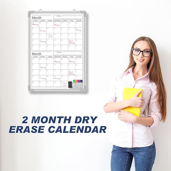 Lincia 24" x 18" Magnetic Vertical 2 Month Dry Erase Calendar for Wall Undated Horizontal Dry Erase Wall Calendar Planner Aluminum Frame Whiteboard for Home Office Projects Wall Fridge
