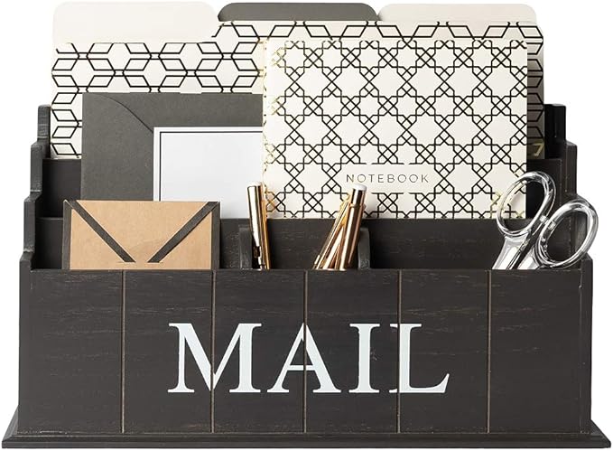 BLU MONACO Espresso Brown Wooden Mail Organizer | 3-Tier Rustic Desktop Mail Sorter for Kitchen Counter or Office | Wooden Letter Holder and Bill Storage Caddy | 12.5” x 4.5” x 7” Countertop Organizer